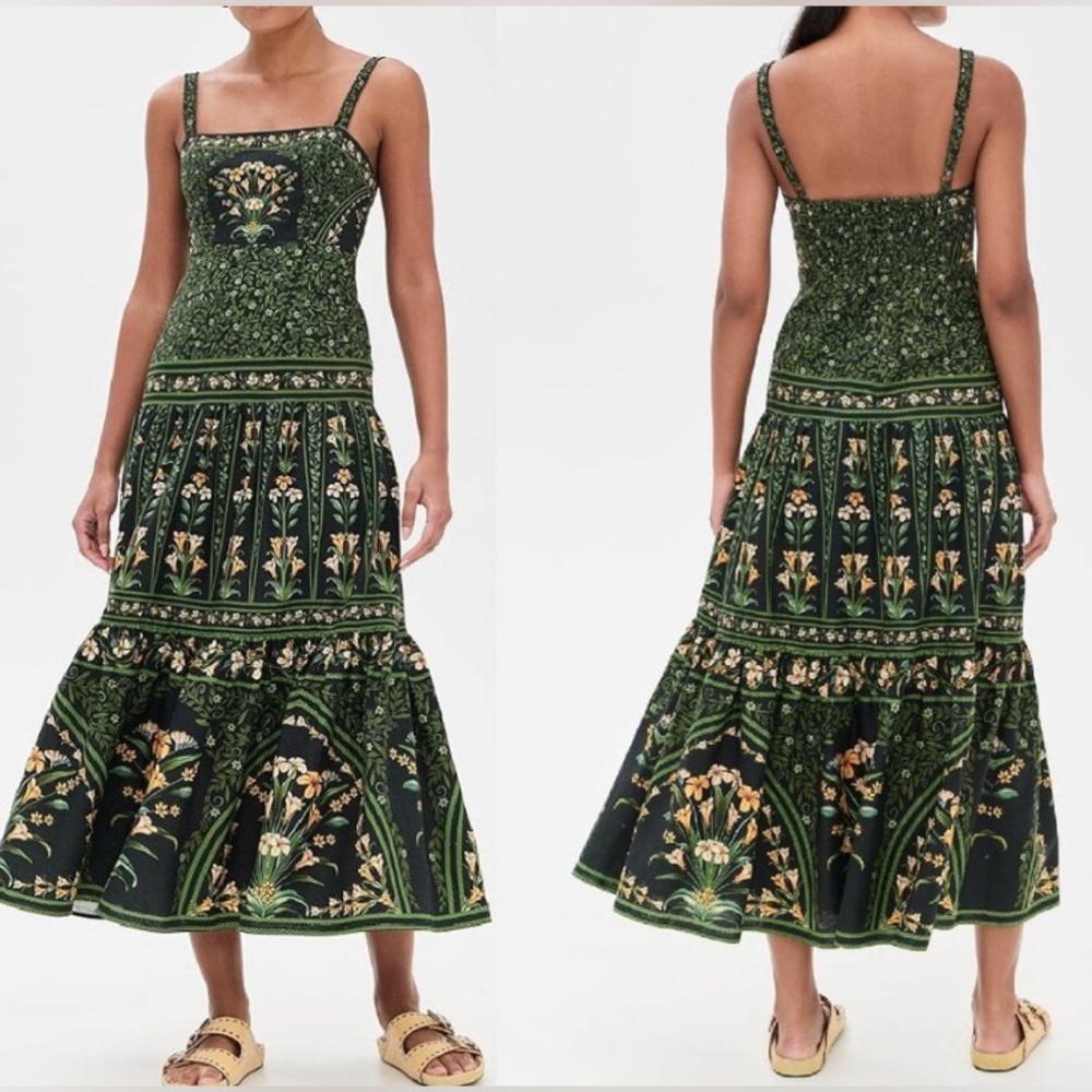 FARM Rio Flowers Arch Linen Blend Midi Dress Green XS